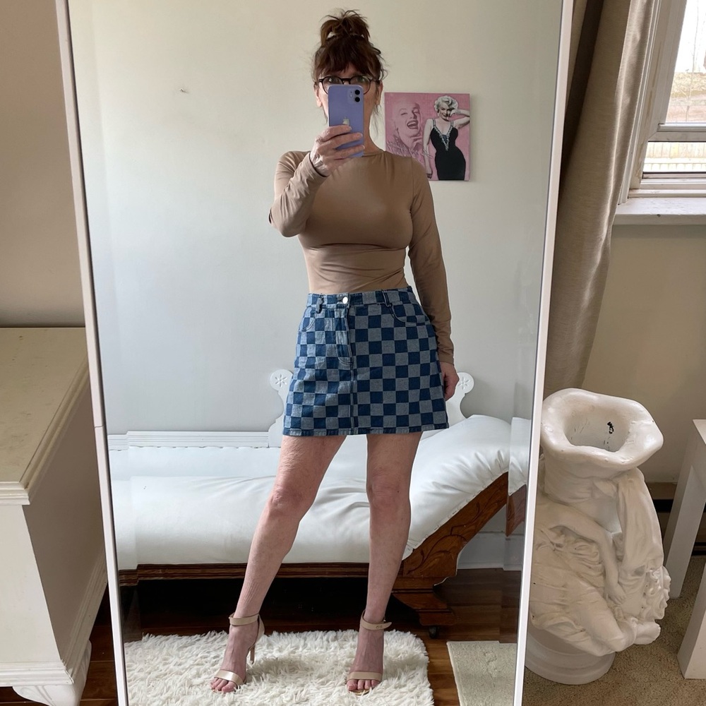 VINTAGE BLUE DENIM CHECKERED SKIRT ZIPPER POCKETS COTTON LIGHT DARK BLUE
